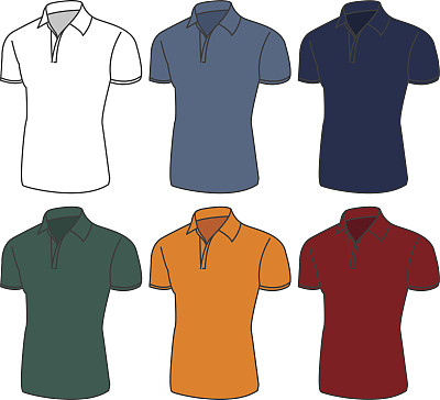 向量男装t恤。白色背景上的马球。手绘轮廓矢量插图。素材图片