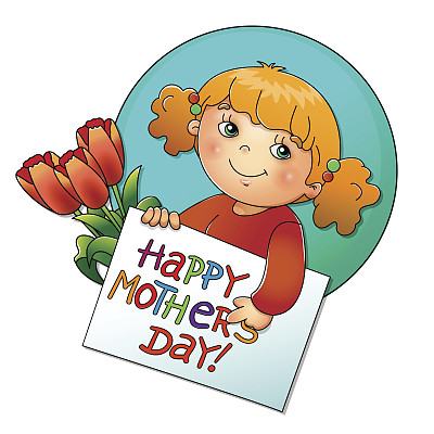 可爱的女孩，带着一张带鲜花的母亲节卡片图片下载