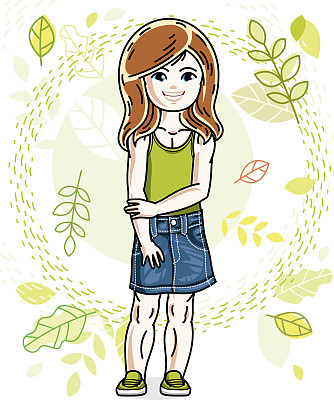 可爱的红发小女孩站在春色的背景下，穿着时尚的休闲装。矢量插图。图片下载