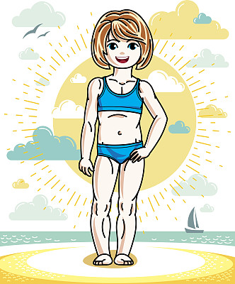 红发小女孩穿着五颜六色的泳衣站在沙滩上。矢量相当不错的人类插图。夏季和假期的主题。图片下载