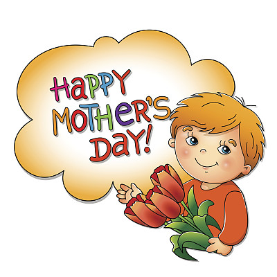 母亲节。可爱的男孩，白色的花图片下载