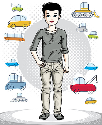 少年男孩可爱的孩子们穿着时尚的休闲装站在那里。矢量插图。时尚生活主题卡通。图片下载