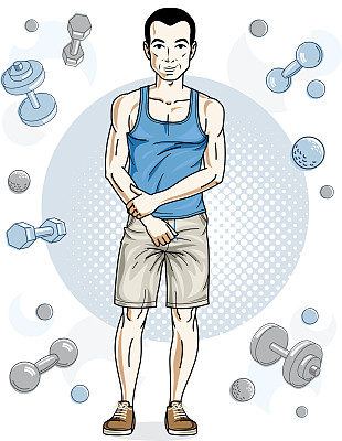 快乐的深色皮肤的年轻成年男子站在简单的背景与哑铃和杠铃。矢量性格，运动和健身主题。图片下载