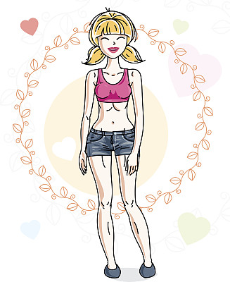 年轻美丽的金发女人成年站在多彩的背景与情人心在现代休闲衣服。矢量漂亮的女士插图。图片下载