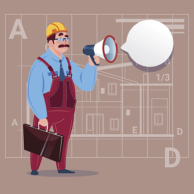 卡通建设者拿着扩音器做公告建筑工人在抽象的计划背景男工人图片下载
