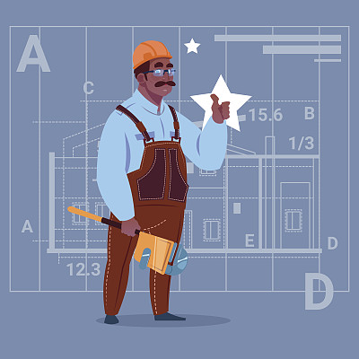 卡通的非洲裔美国建筑工人穿着制服和头盔建筑工人在抽象的计划背景男性工人图片下载