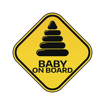在白色的背景上，黄色菱形的儿童金字塔轮廓标志上的婴儿。带有警告的汽车贴纸。图片下载