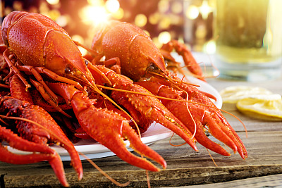 一杯啤酒和一只煮熟的小龙虾放在一个盘子里，木质背景，俯视图素材图片