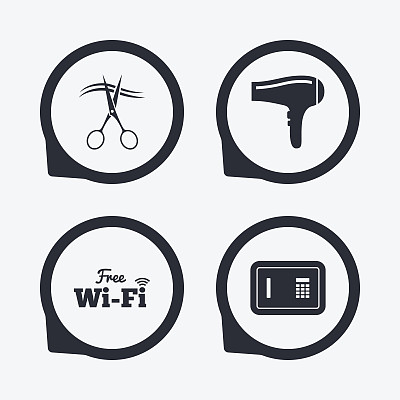 酒店服务图标。Wi-fi，吹风机和安全。图片下载