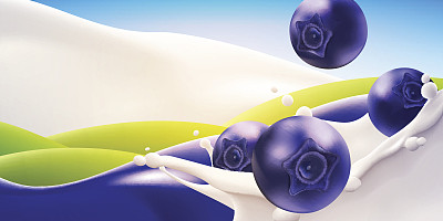 溅牛奶现实的矢量插图与下落的蓝莓。图片下载