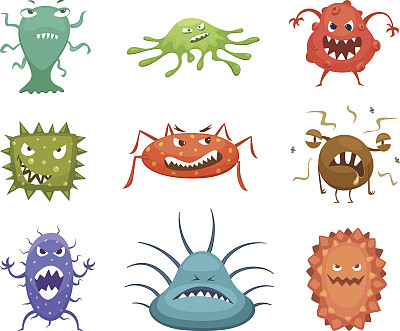 不同的卡通病毒、吉祥物和流感微生物。向量字符设计集素材图片