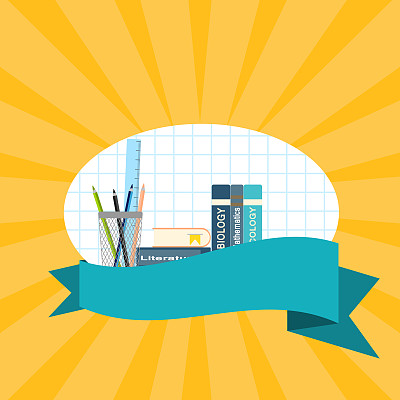 海报为回学校假期在黄色背景与射线。素材图片