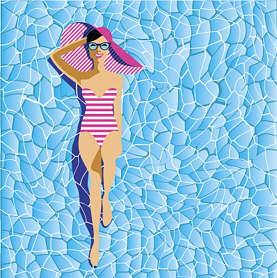 美丽的年轻女子晒黑，与太阳镜，帽子，复古风格。波普艺术。夏天的假期。图片下载