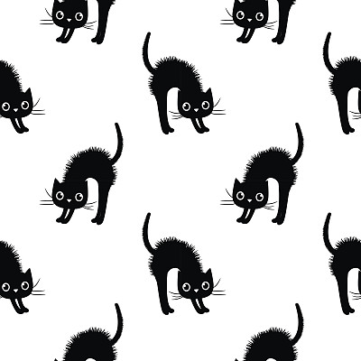 可爱和现代无缝矢量图案与黑猫在白色背景的纺织品和服装图片下载