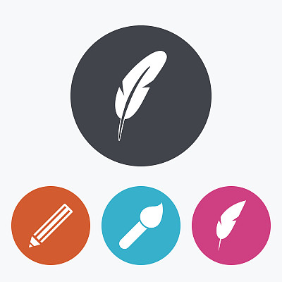 羽毛复古钢笔标志。画笔和铅笔图标。图片下载