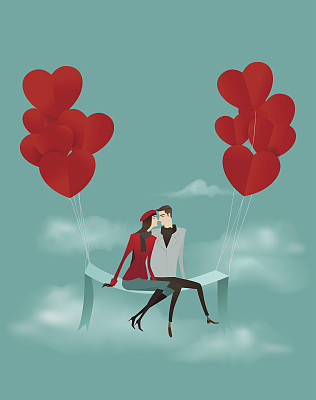 一对坐在红心气球上的情侣。图片下载