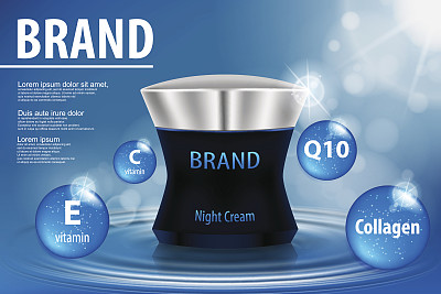 化妆品广告模板，夜水深度修护霜包含在水与蓝色背景和软散景，3d逼真的化妆品产品插图图片下载