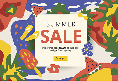 创意夏季推广社交媒体网络横幅。艺术明亮的季节销售和折扣促销背景与有趣的派对模式。电子邮件广告通讯布局。图片下载