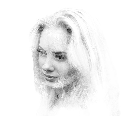 一个年轻美丽的女孩的双重曝光。画的女性脸的画像。多色图片孤立在白色背景。女性悲哀的样子。抽象的女人的脸。水彩插图。图片下载