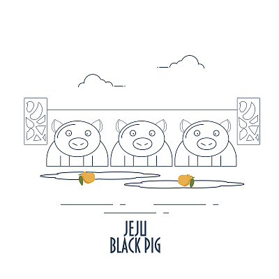 三个济州岛黑猪的卡通线艺术插图。济州岛黑猪济州岛黑猪是韩国济州岛的一种家养猪，以其独特的口味而闻名于世图片下载
