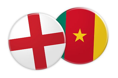 新闻概念:英国国旗按钮在喀麦隆国旗按钮，3d插图在白色的背景图片下载