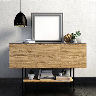 3d插图，现代室内书柜，海报和灯。墙模型图片下载