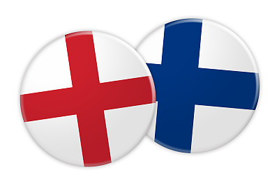 新闻概念:英国国旗按钮芬兰国旗按钮，3d插图在白色的背景图片下载