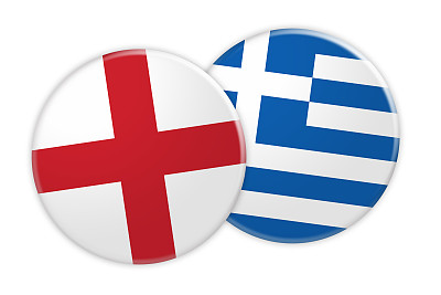 新闻概念:英国国旗按钮在希腊国旗按钮，3d插图在白色的背景图片下载