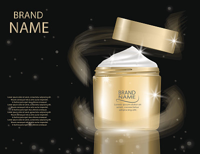 迷人的粉底玻璃瓶上闪闪发光的效果背景。模型三维现实矢量插图图片下载