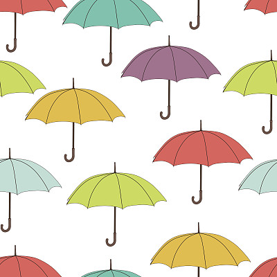 伞无缝图案，矢量背景。白色背景上五颜六色的亮伞，用于墙纸设计，包装纸，织物图片下载