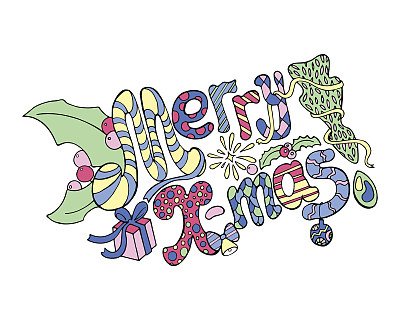 圣诞快乐字母与涂鸦装饰矢量插图在白色。图片下载