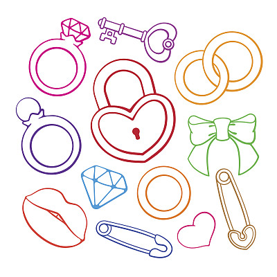 一套仪式、订婚和婚礼标志的涂鸦图片下载