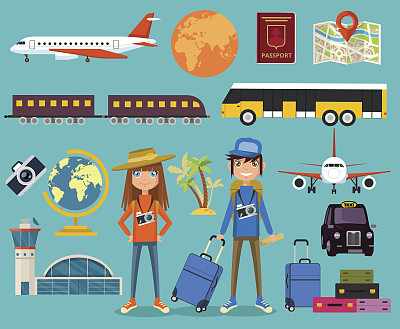 旅游设备。矢量平面插图素材图片