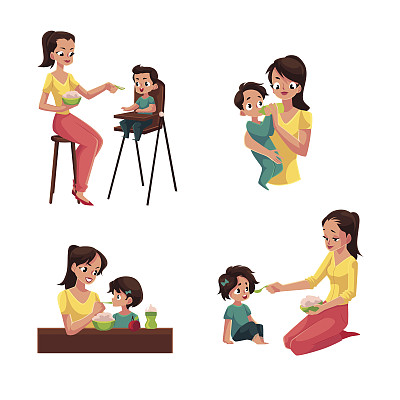 母亲给她的孩子，儿子，女儿，坐着，站着素材图片