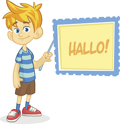 向量插图的金发男孩在短裤和条纹t恤。一个小男孩的漫画，穿着在黑板上展示与指针图片下载