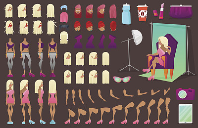 时装模特女性性格塑造的建设者。不同姿势的女人。有脸，胳膊，腿，发型的女性。矢量图图片下载