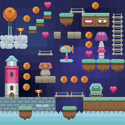 像素游戏界面。像素艺术。电子街机游戏元素。矢量图图片下载