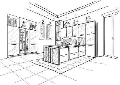 带有岛屿的现代厨房的室内草图。图片下载