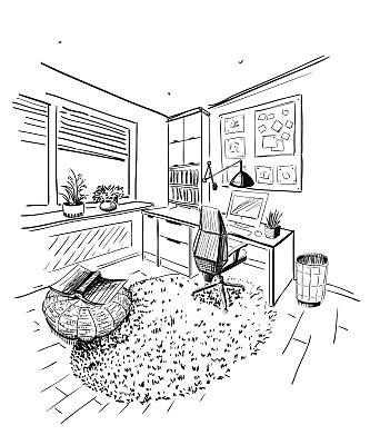 家庭办公室室内草图。素材图片