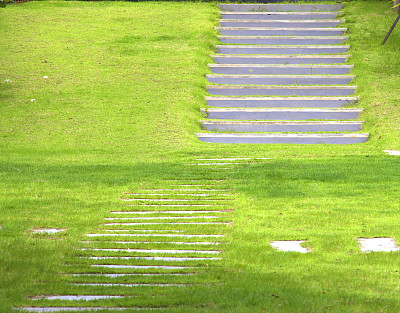 园林步道、绿草坪砖砌步道、园林景观设计。图片下载