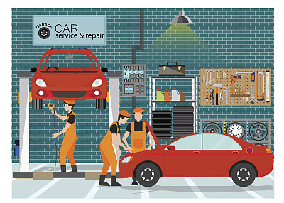 汽车服务和修理中心或车库与工人。图片下载