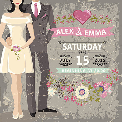 可爱的婚礼的邀请。新娘，新郎，花卉元素图片下载