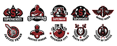 一组超级英雄图标。超人的图片集。衣服，雨衣，轮廓，形象，脸，肌肉，城市，翅膀，剑，头骨，怪物，心脏。矢量插图。平的风格素材图片