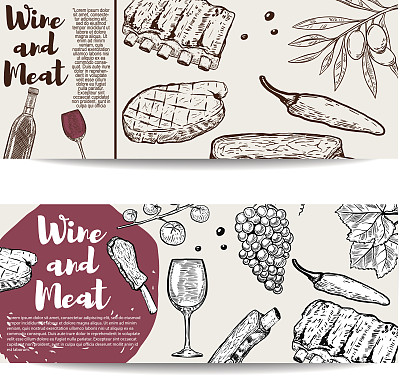 酒和肉横幅模板。烤牛排，排骨，橄榄，葡萄酒，葡萄。设计元素的菜单，传单，海报。矢量图图片下载