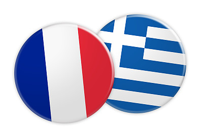 新闻概念:法国国旗按钮希腊国旗按钮，3d插图在白色背景图片下载