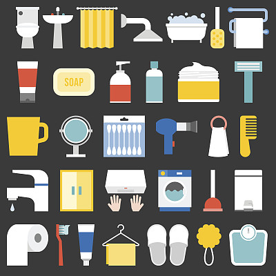 大的一套浴室项目和设施图标图片下载