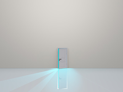 纯白色空间的单扇门发出亮光图片下载