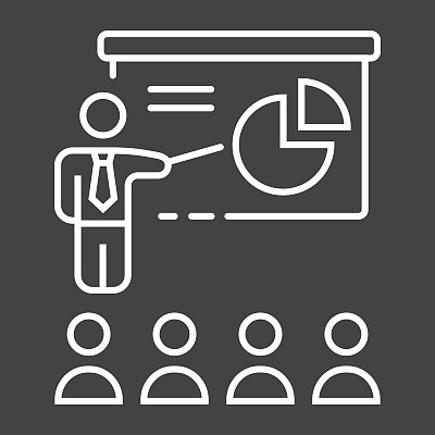 培训演示线图标，业务和教师，矢量图形，黑色背景上的线性模式，eps 10。图片下载