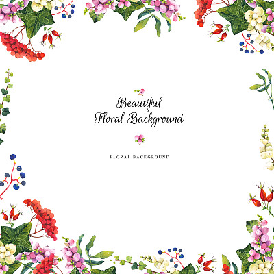 插图与水彩冬季浆果和植物。美丽的花束。图片下载