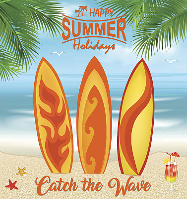 热带海滩上的冲浪板和棕榈树图片下载